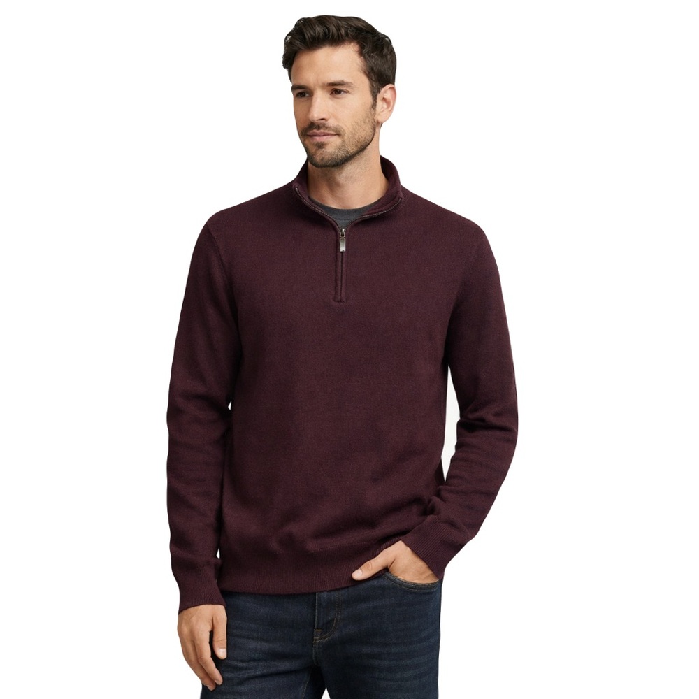 Men’s Merino Wool Cashmere‎ Burgundy Classic Quarter Zip Pullover Sweater Large